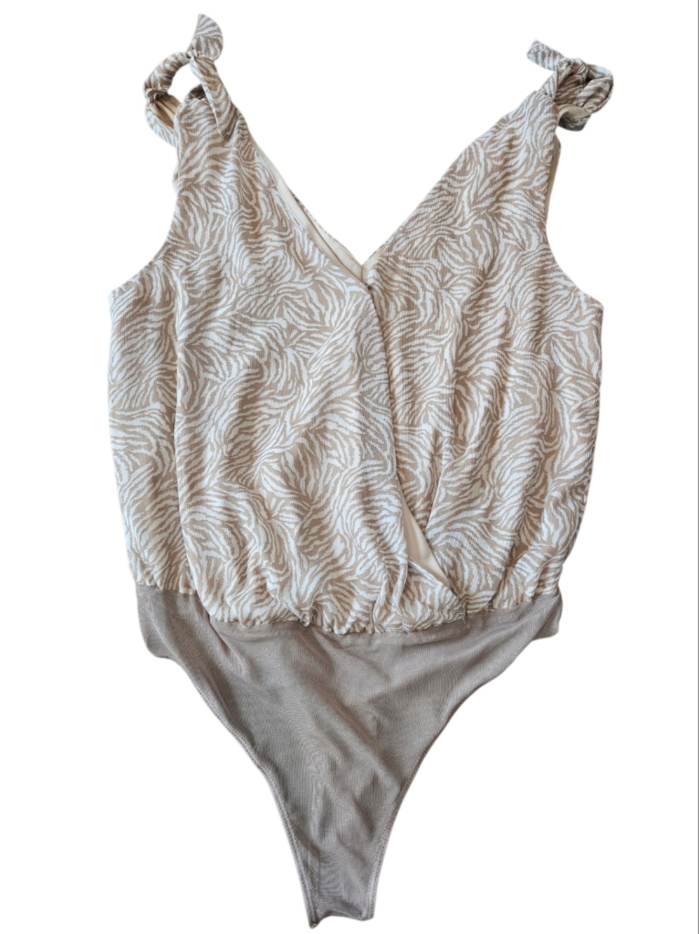 Lush Beige and Cream Zebra-Print Tie-Strap Bodysuit